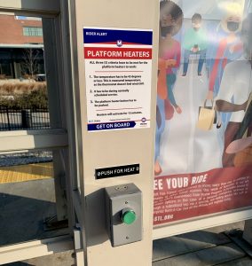 MetroLink platform heater signage with the green button